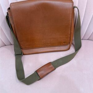 Men's Brown Leather Messenger Bag with Olive Strap